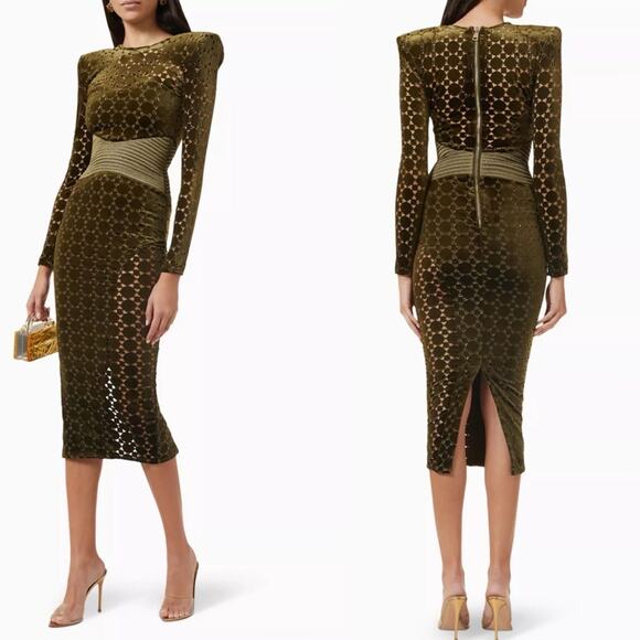 Zhivago Salvation Velvet Laser Cut Midi Dress Green Size US Size 4 - Picture 1 of 11